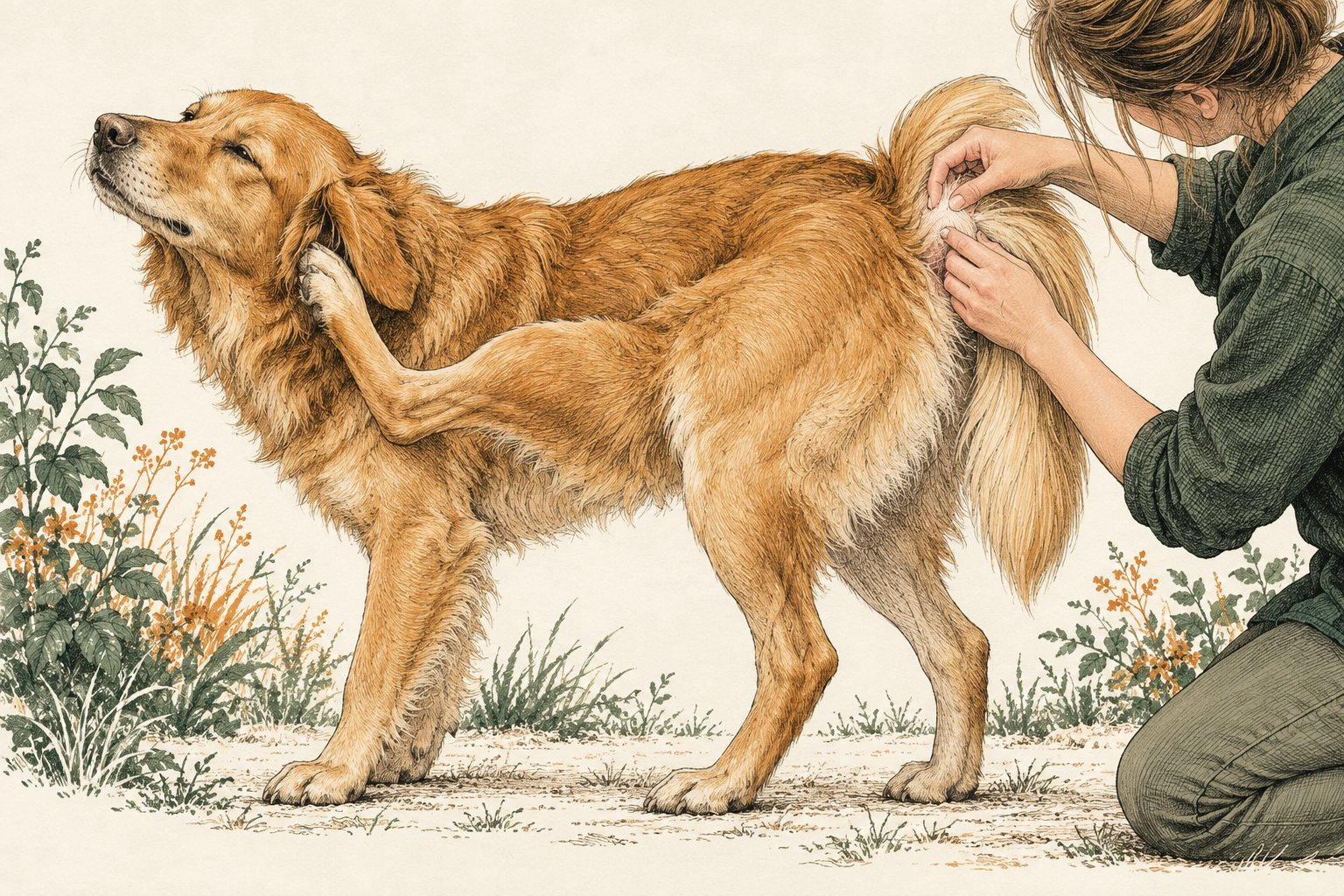 Inkttekening van een hond die aan zijn oor krabt terwijl een eigenaar de vacht bij de staartbasis bekijkt