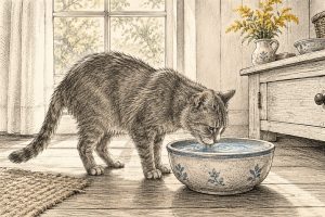 Etstekening van een oudere grijze kat die thuis uit een brede waterbak drinkt