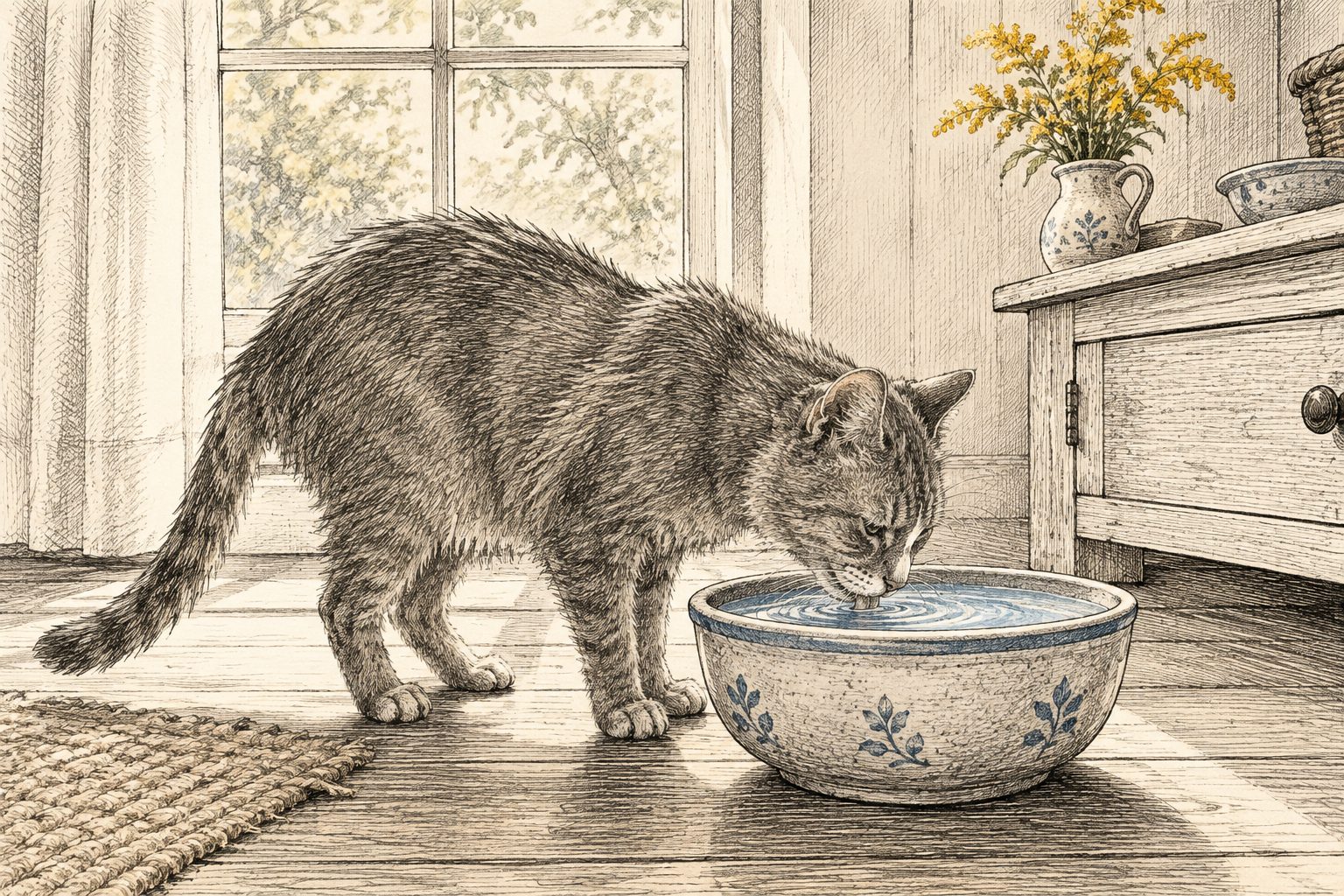 Etstekening van een oudere grijze kat die thuis uit een brede waterbak drinkt