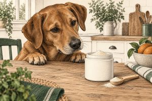 Getekende bruine hond kijkt naar een potje probioticapoeder en een maatschep op de keukentafel