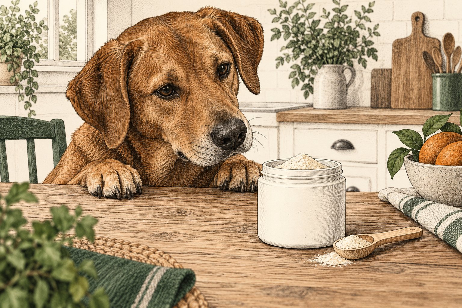 Getekende bruine hond kijkt naar een potje probioticapoeder en een maatschep op de keukentafel