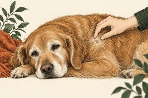 Inkttekening van een oudere hond waarbij iemand voorzichtig een klein huidbultje bekijkt
