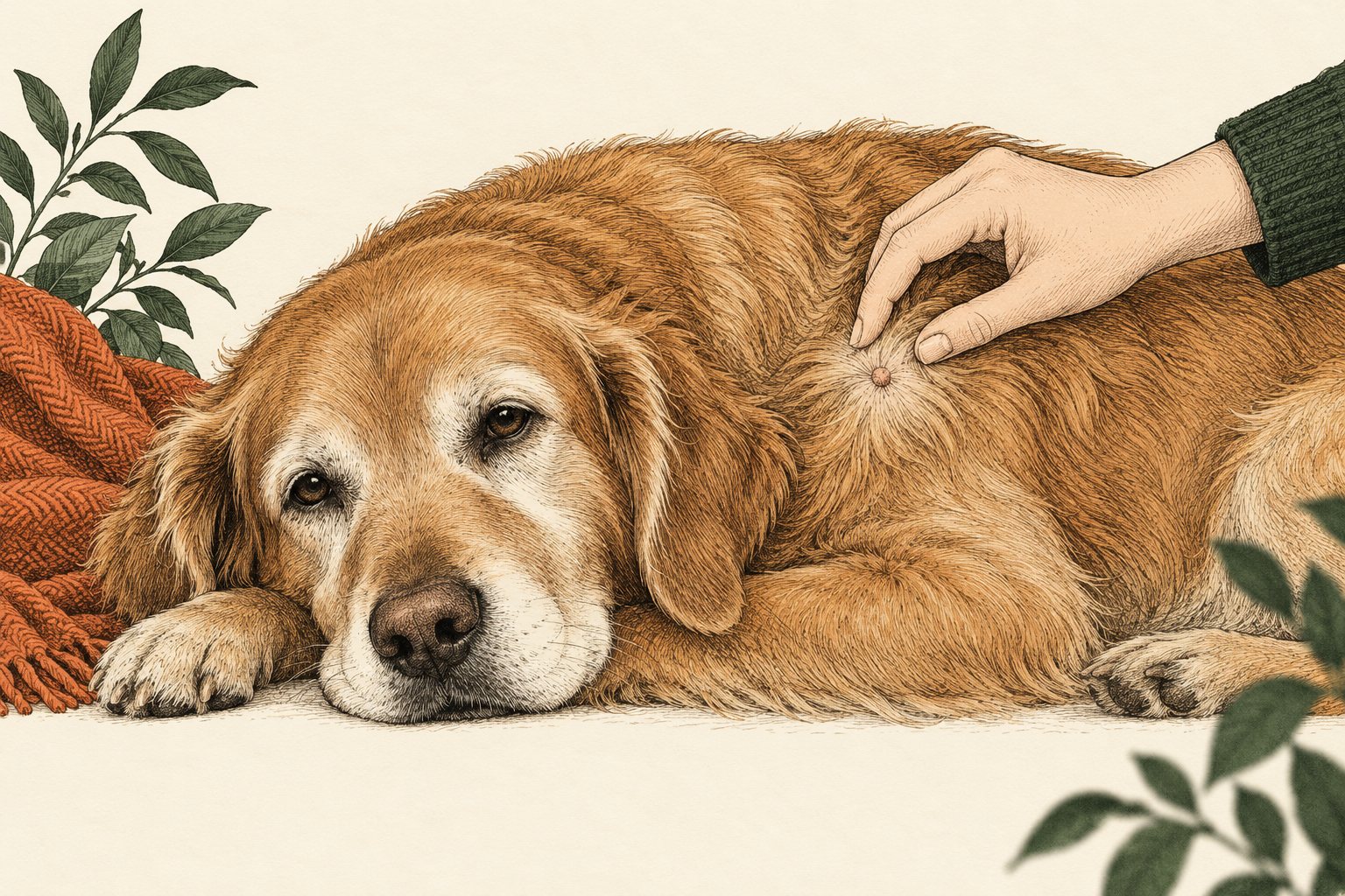 Inkttekening van een oudere hond waarbij iemand voorzichtig een klein huidbultje bekijkt